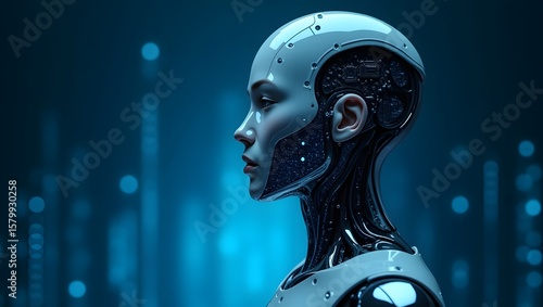 Futuristic AI Robot Head Side View with Circuit Board – Digital Humanoid Face on Tech Blue Background