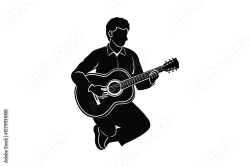 Passionate Musician Playing Acoustic Guitar with Energy and Enthusiasm in a Bold Silhouette Style silhouette