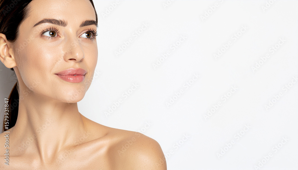 Naklejka premium Headshot portrait of an elegant woman looking up while thinking in an isolated white background.