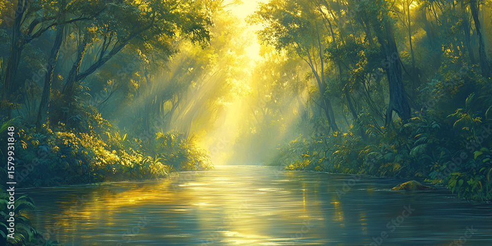 Fototapeta premium Sunlight Streaming Through Forest Canopy Over Tranquil River