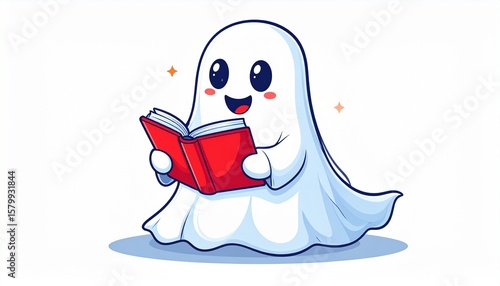 An adorable happy ghost character holding and reading a red book. A cute phantom or spirit illustration for children's stories or library themes.