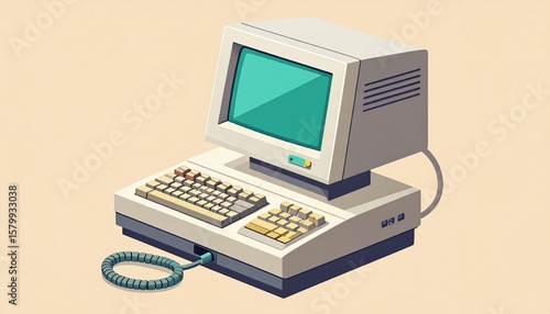 Isometric illustration of a vintage personal computer from the 1980s. Retro technology concept with old monitor and keyboard.