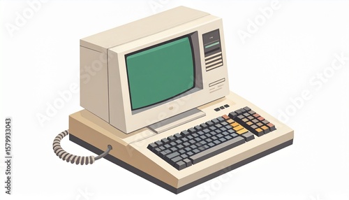 Isometric illustration of a vintage personal computer with a green screen, keyboard, and calculator pad on a beige base.