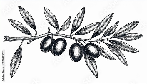 Detailed engraving of an olive branch with ripe olives and leaves, depicted in a vintage, botanical illustration style on a white background.