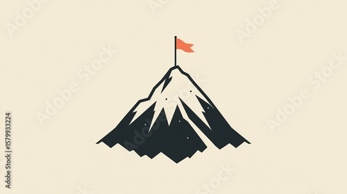 Red flag planted on a peak of the mountain. Hiking. Trekking in nature