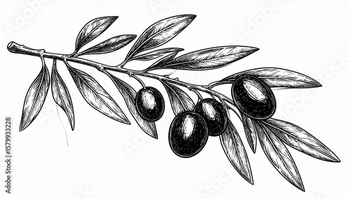 Detailed illustration of an olive branch with ripe olives and leaves, rendered in a black and white, vintage style.
