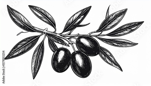 A detailed black and white drawing of an olive branch with leaves and three ripe olives hanging from it.