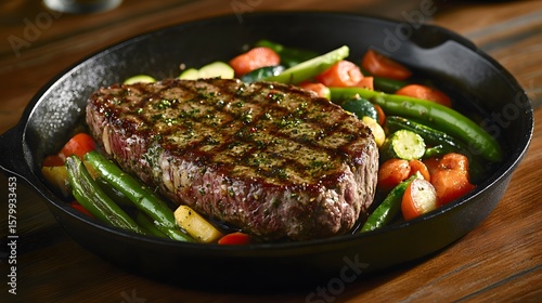 Grilled steak with mixed vegetables in a cast iron skillet.
