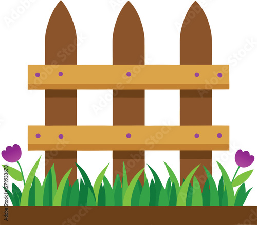 Wooden fence with grass and colorful flowers in a spring garden illustration