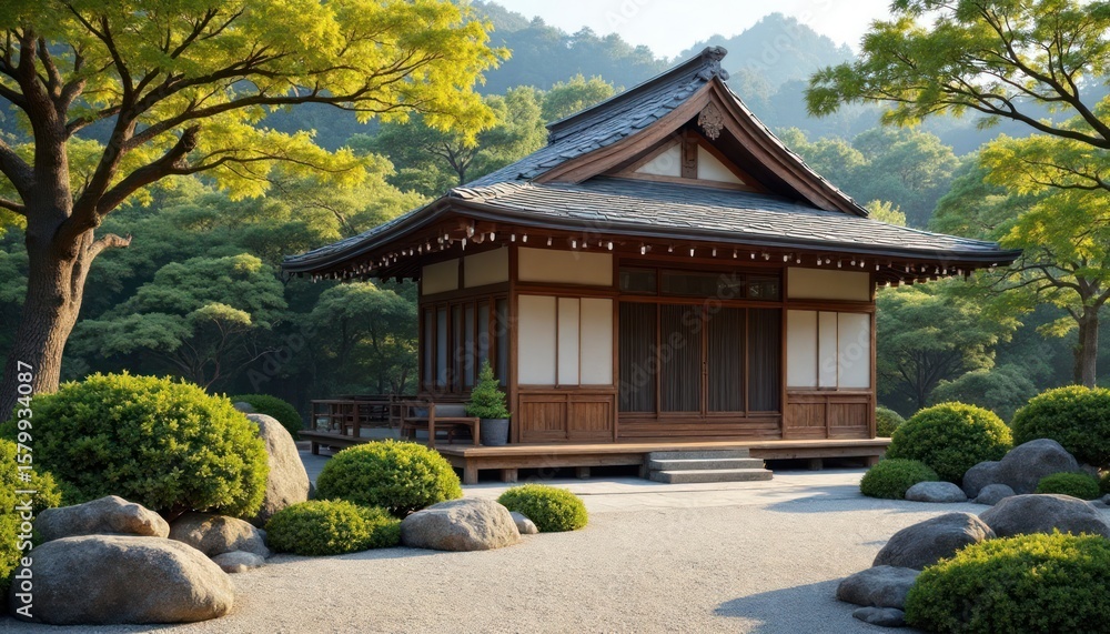 Obraz premium A serene Japanese pavilion nestled amidst lush greenery, rocks, and trees, bathed in sunlight.