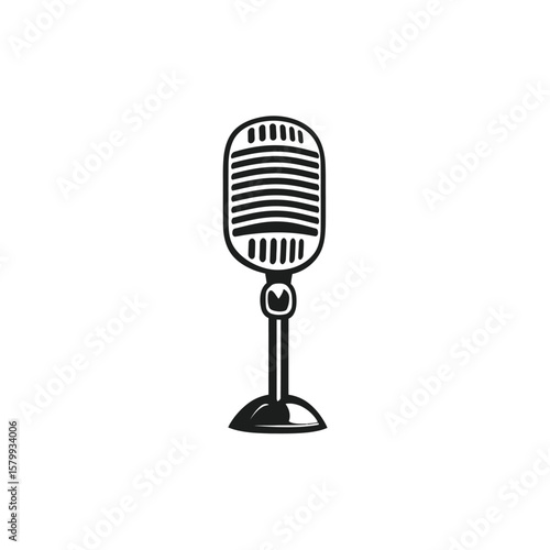 Vintage Microphone Icon, Podcast Mic on White Background, Recording Equipment