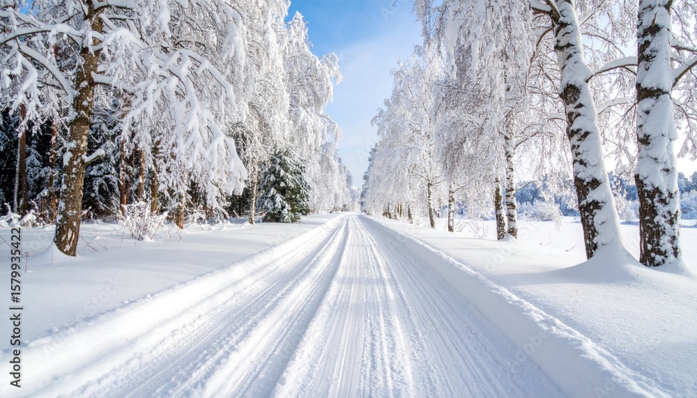 Obraz premium Snowy winter road through trees
