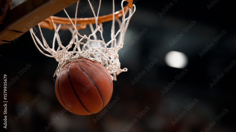 Fototapeta premium Basketball falling through basketball net during game with dark blurred background creating exciting sports moment