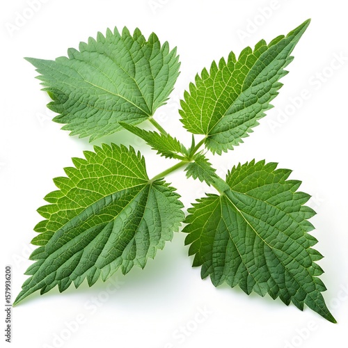Close-up macro of a green nettle plant with stinging leaves isolated on a white backgroundClose-up macro of a green nettle plant with stinging leaves isolated on a white background