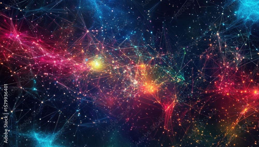 Fototapeta premium Abstract cosmic network of glowing, interconnected points and lines. Vibrant colors swirl against a deep black background