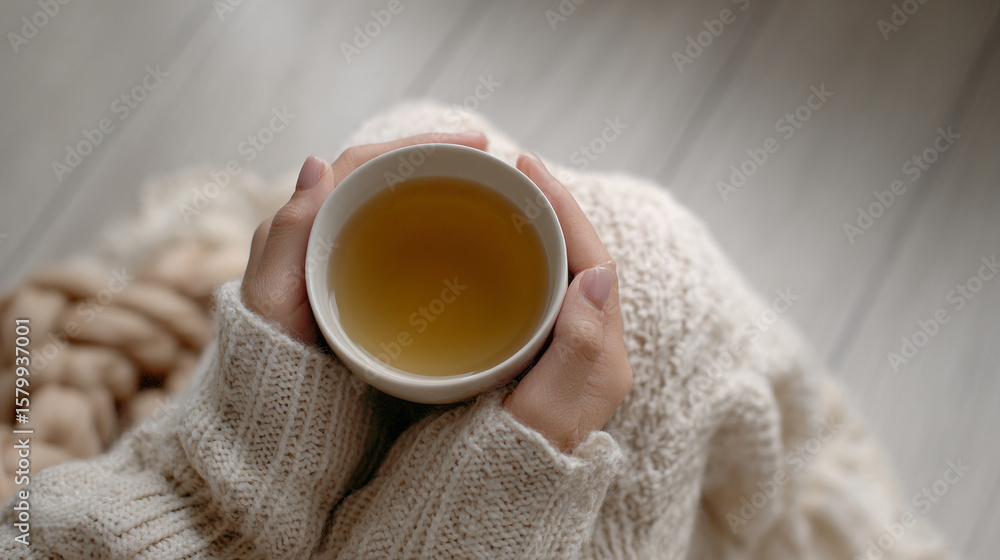 Person holding warm cup of herbal tea with both hands, wearing cozy knitted sweater, creating calm and peaceful moment Person holding warm cup of herbal tea with both hands, wearing cozy knitted sweater, creating calm and peaceful moment