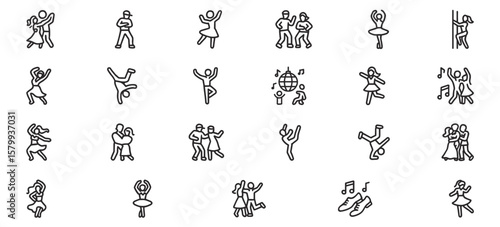 Dance Line Icons Pack – Unique Black & White Outline Style for Ballet, Hip-Hop, Salsa, and More
