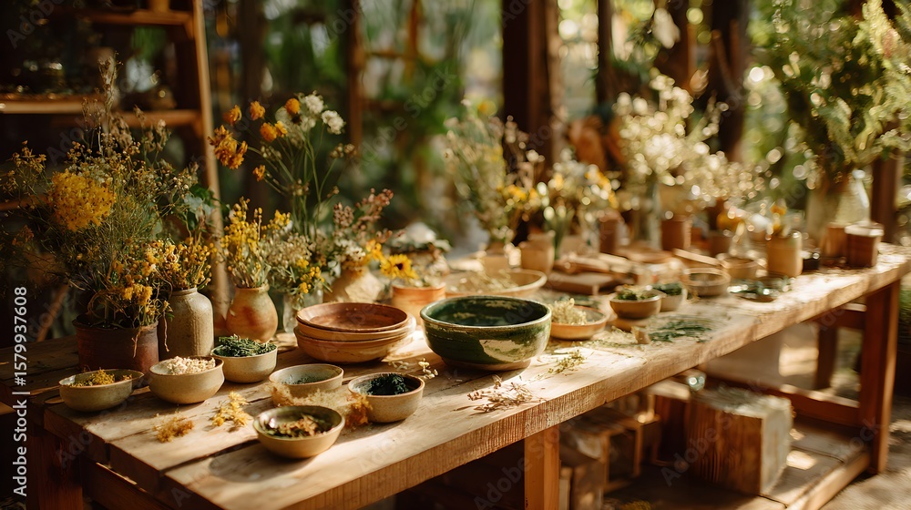 Fototapeta premium Immersive Floristry Composition with Radiant Cut Flowers and Textured Produce – Sustainable Craft Visual for Digital Wellness Campaigns
