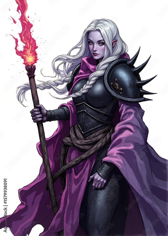 Fototapeta premium Dark Elf Sorceress with White Hair Casting Fire Magic – Powerful Female Mage in Spiked Armor and Purple Cloak Holding Staff with Flaming Tip, Fantasy Character Illustration on White Background