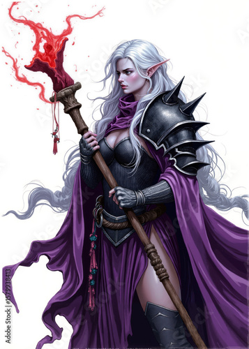 Dark Elf Sorceress with White Hair Casting Fire Magic – Powerful Female Mage in Spiked Armor and Purple Cloak Holding Staff with Flaming Tip, Fantasy Character Illustration on White Background