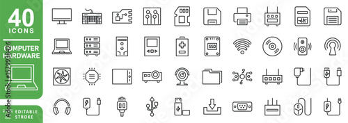Set of outline computer hardware icons. Minimalist thin linear web icon set. editable stroke contain computer, display, motherboard, SSD, charger