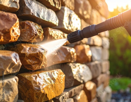Pressure Washing Natural Stacked Stone Wall Textural Detail