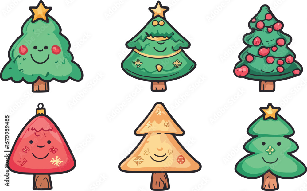 Naklejka premium Cute Cartoon Christmas Trees with Smiling Faces and Festive Decorations