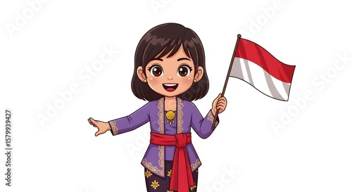 Cartoon girl in traditional Indonesian clothing waving the Indonesian flag with a happy expression.