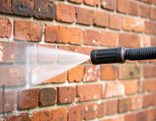 High-Pressure Water Jet Cleaning Vintage Brick Wall Macro Detail