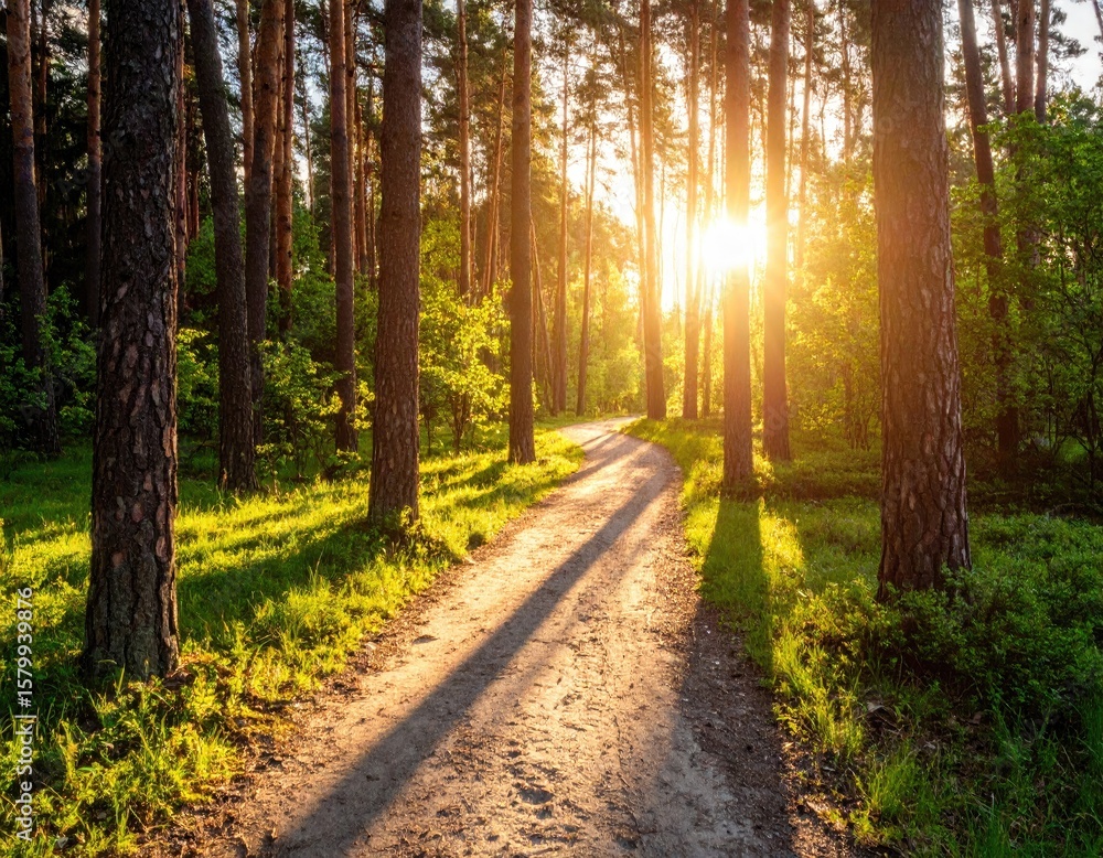 Fototapeta premium Sunlit path through pine forest