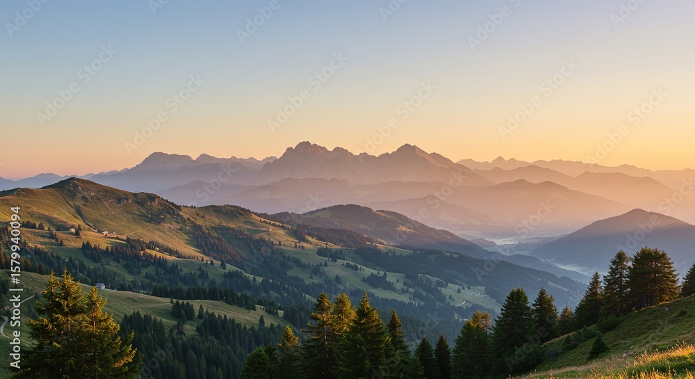 Obraz premium Mountain range landscape with green trees and a warm sunset sky.