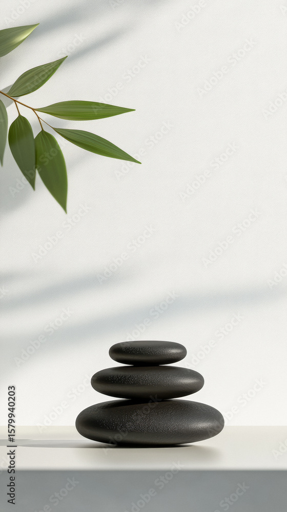 Naklejka premium Stacked black stones with green leaves on a bright white surface creating a tranquil and minimalist atmosphere
