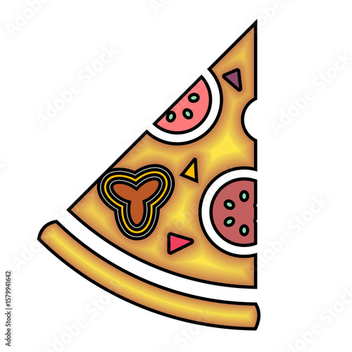 Pizza, I love you. Piece of Pizza Vector Illustration. Pizza Slice with Tomatos, Cheese and Salami Isolated on a Blue Background. Simple Hand Drawn Fast Food Poster. Pizza