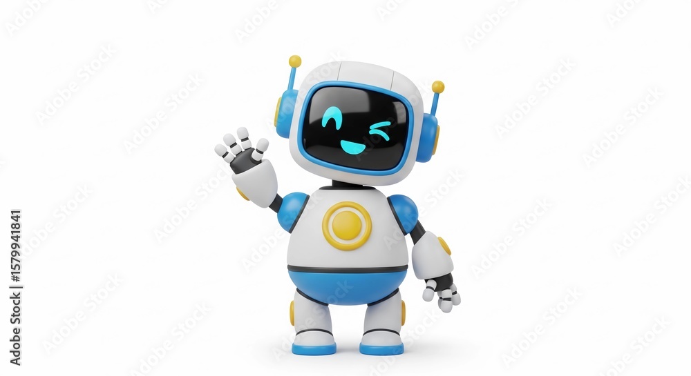 Cheerful robot waving its hand, featuring a smiling face on its screen, isolated on a white background. Cheerful robot waving its hand, featuring a smiling face on its screen, isolated on a white background.