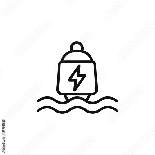 Warning Buoy with Lightning Symbol Floating on Ocean Waves Outlining a Maritime Hazard in Waterways or Boating Areas