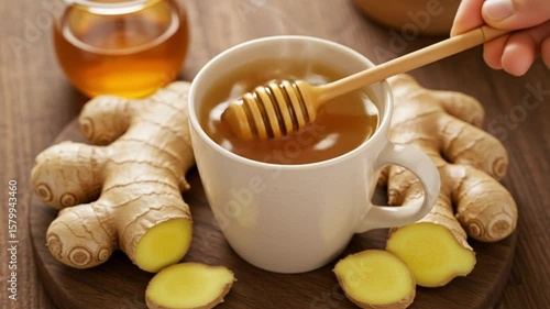 Close up of ginger root with a cup of tea and honey dipper on a wooden surface with steam rising up