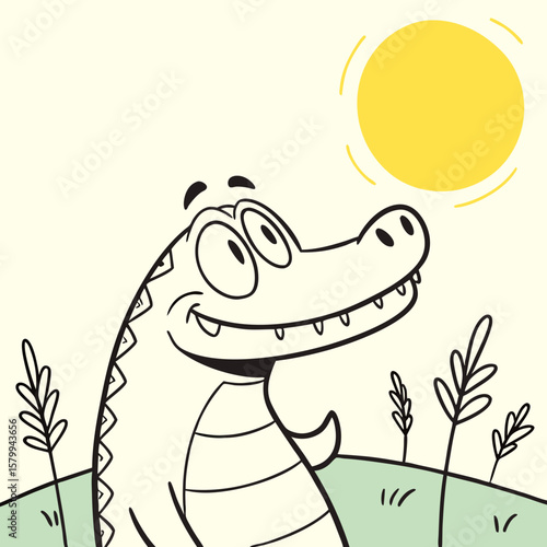 Cartoon Crocodile basking under the Sunshine A delightful illustration of a smiling reptile enjoying a sunny day in its natural habitat.