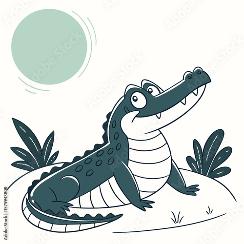 Smiling Crocodile Illustration A Whimsical Cartoon Alligator basking under the sun Cartoon Reptile Mascot.