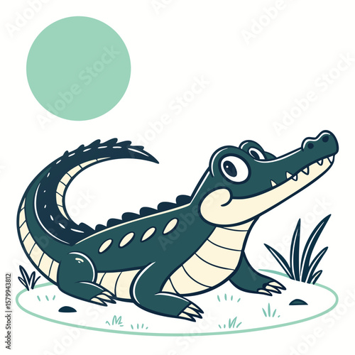 Whimsical Alligator Illustration basking under the sun on a bright day, surrounded by lush grass, creating a friendly nature scene.