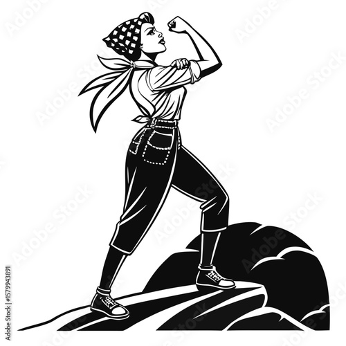 Strong Woman Illustration Power, Vintage Style, and Empowerment - Retro Woman Depicted with Feminine Strength