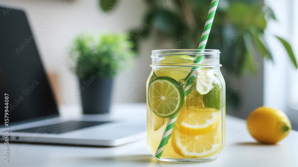 Fototapeta premium Refreshing citrus infused water in a mason jar on a desk