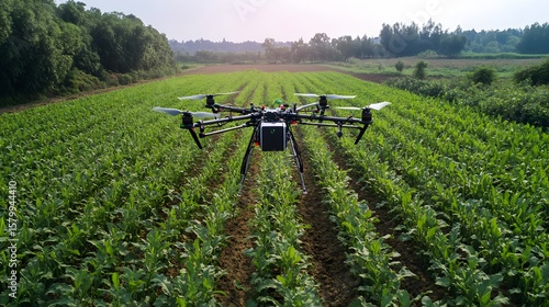 Agricultural drones surveying a field.