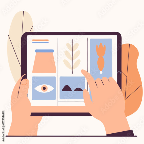 Artistic Exploration Hand Interacts with Tablet Displaying Creative Illustrations and Designs
