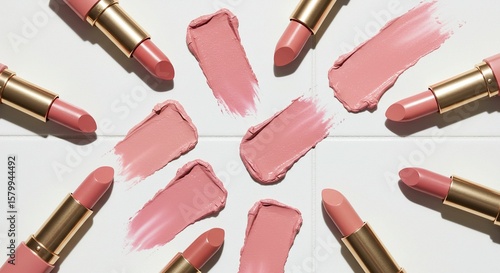 Variety of pink lipsticks on white background