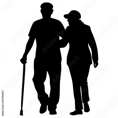 Elderly couple walking together silhouette