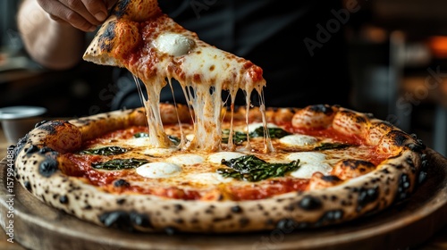 Hand taking a slice of pizza with melted mozzarella