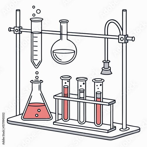 Illustrated science equipment setup featuring various test tubes and flasks with red liquid, ideal for educational designs.