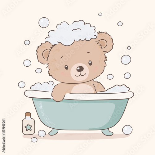 Cute Teddy Bear Enjoying a Bubbly Bath in a Vintage-Style Bathtub. Vector Illustration