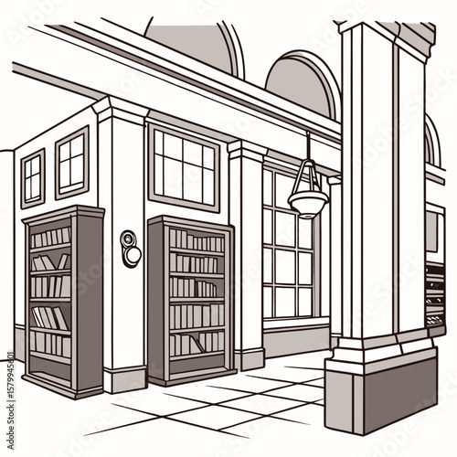 Detailed illustration of an old library interior, showcasing books and architectural elements in a classic design.