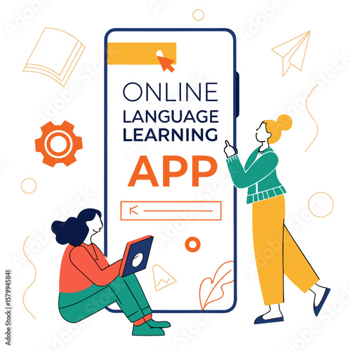 Online Language Learning App Illustration Mobile Education, Communication, Technology and Interactive Learning Platform